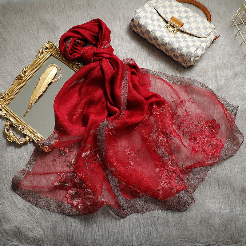 Silk Wool Blended  Embroidered Scarves