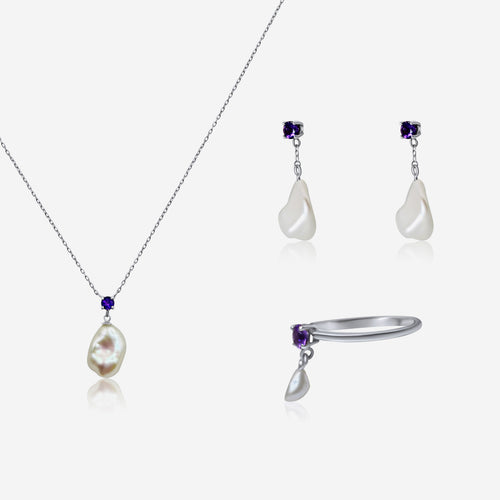 Amethyst & Pearl Jewelry Set | Earrings, Ring & Necklace | 14K Gold