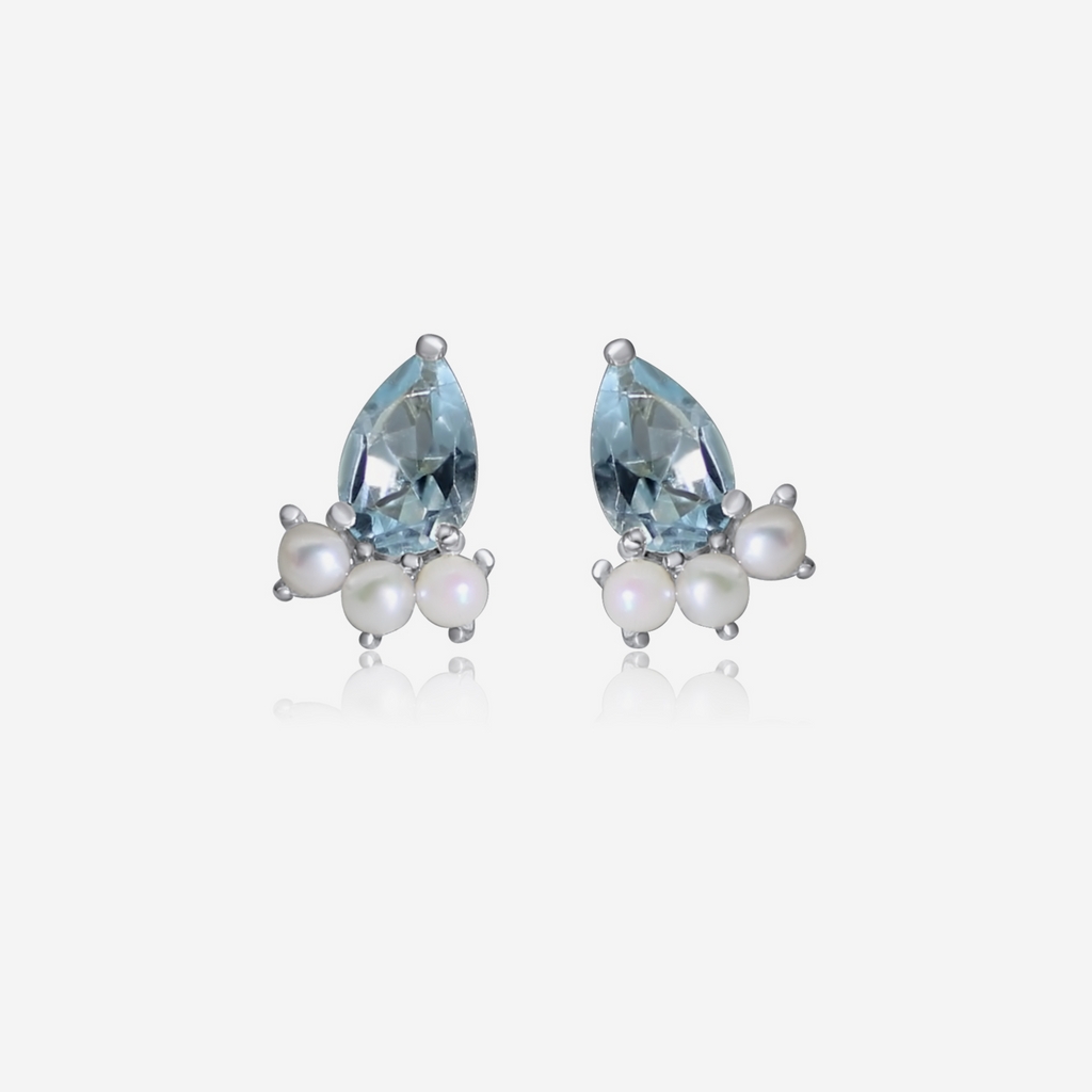 Aquamarine & Akoya Pearl Cluster Earrings | Solid 14K Gold