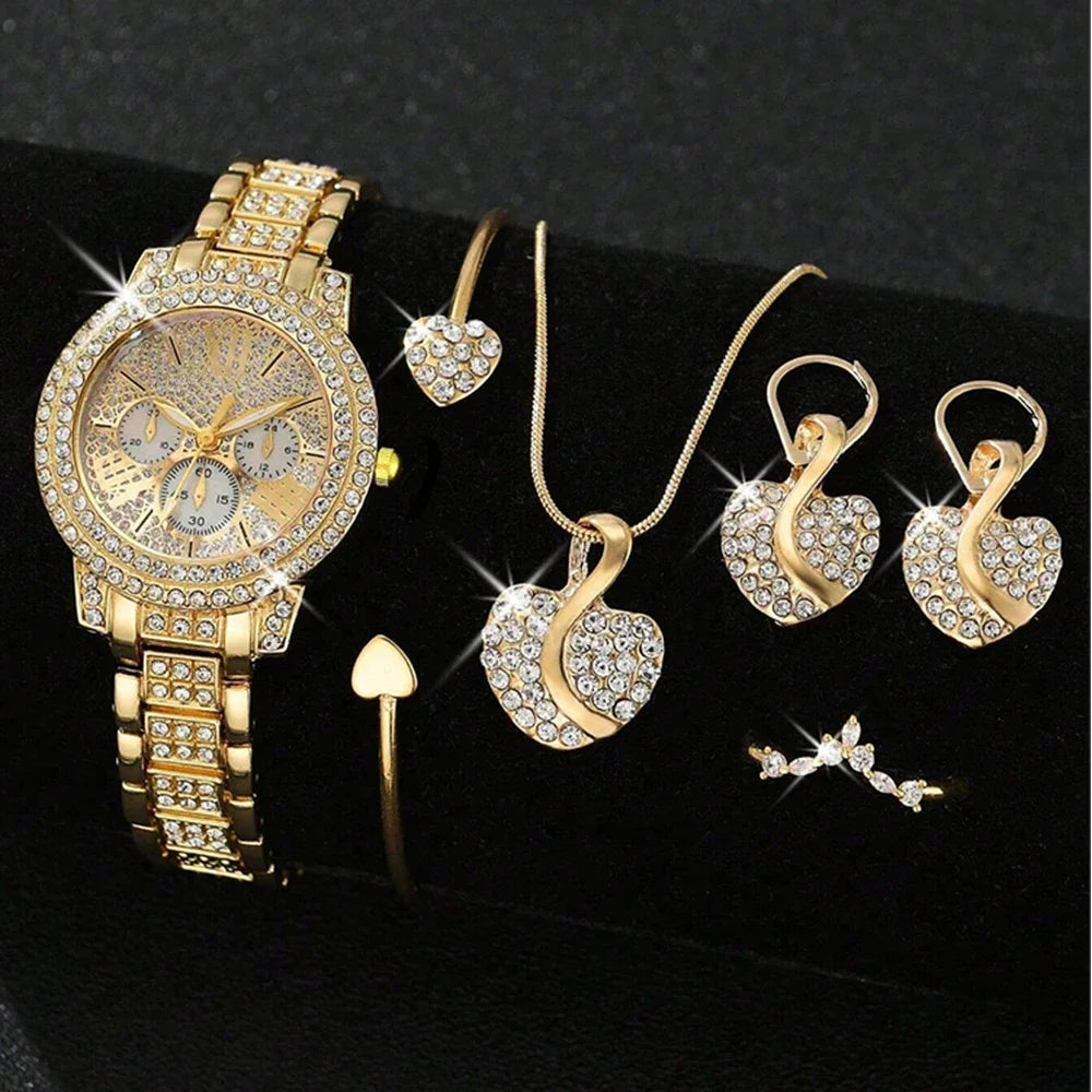 Women's Gold Quartz Watch Jewelry Gift Set