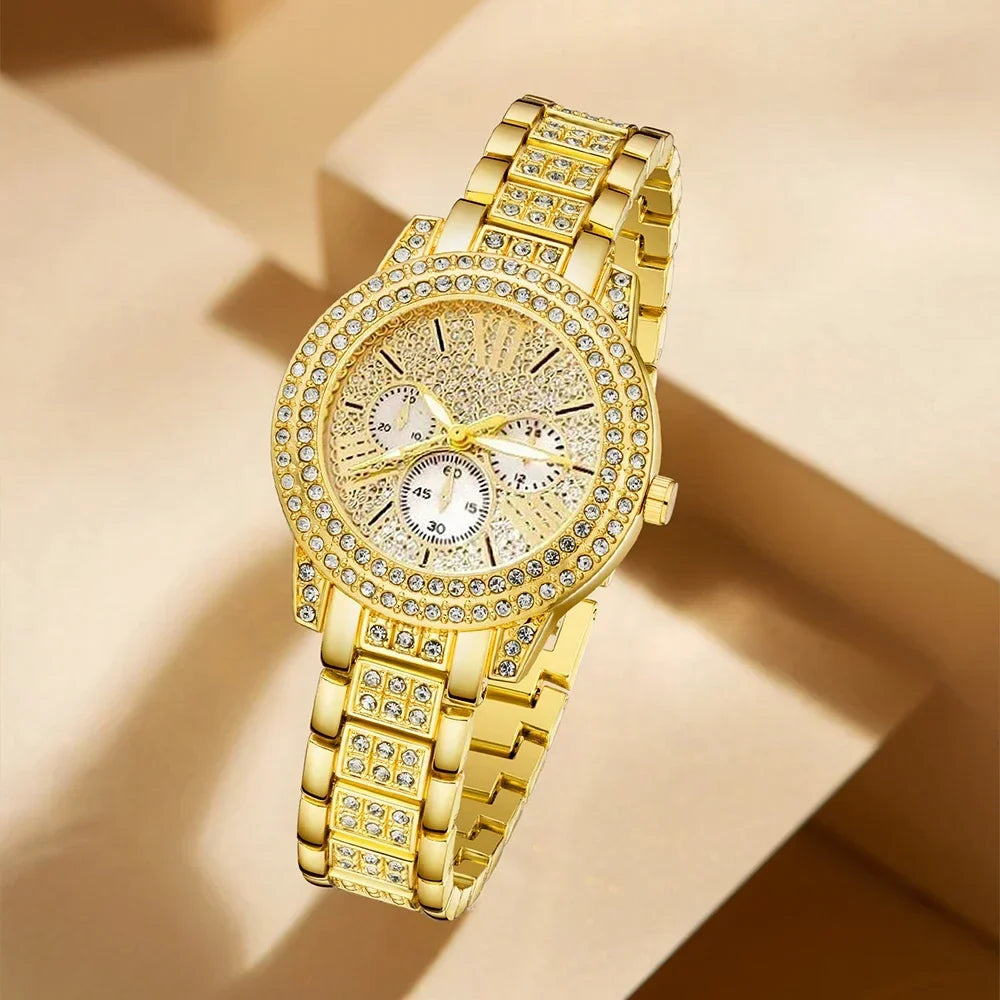 Women's Gold Quartz Watch Jewelry Gift Set